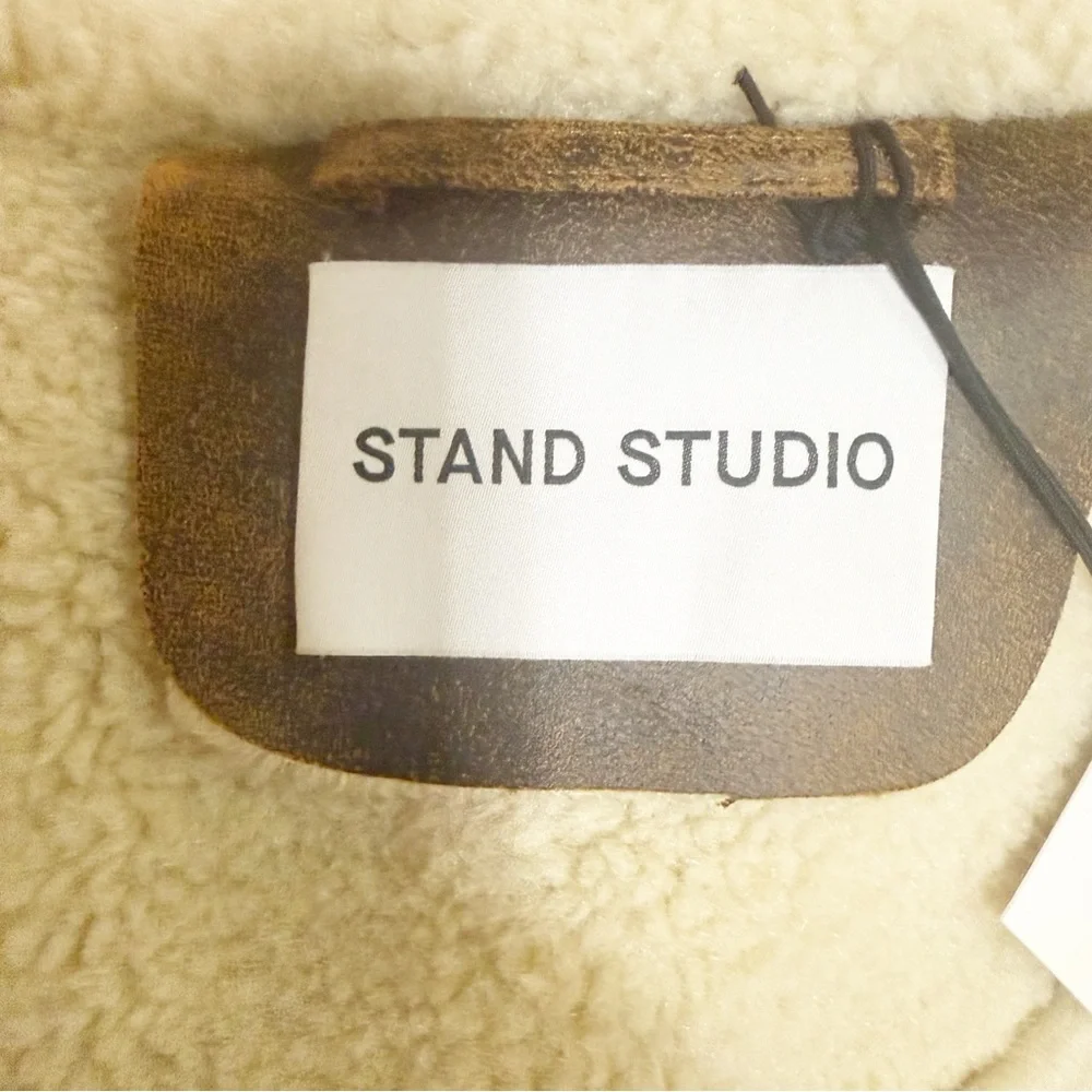 Stand Studio Lessie Faux Leather & Shearling Brown Cream Jacket size 36/US 4 NEW - Picture 9 of 12